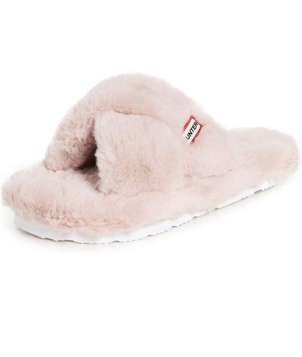 Womens Hunter Faux Fur Pink Slide Crossover Straps Vegan Sandals NEW Size 9